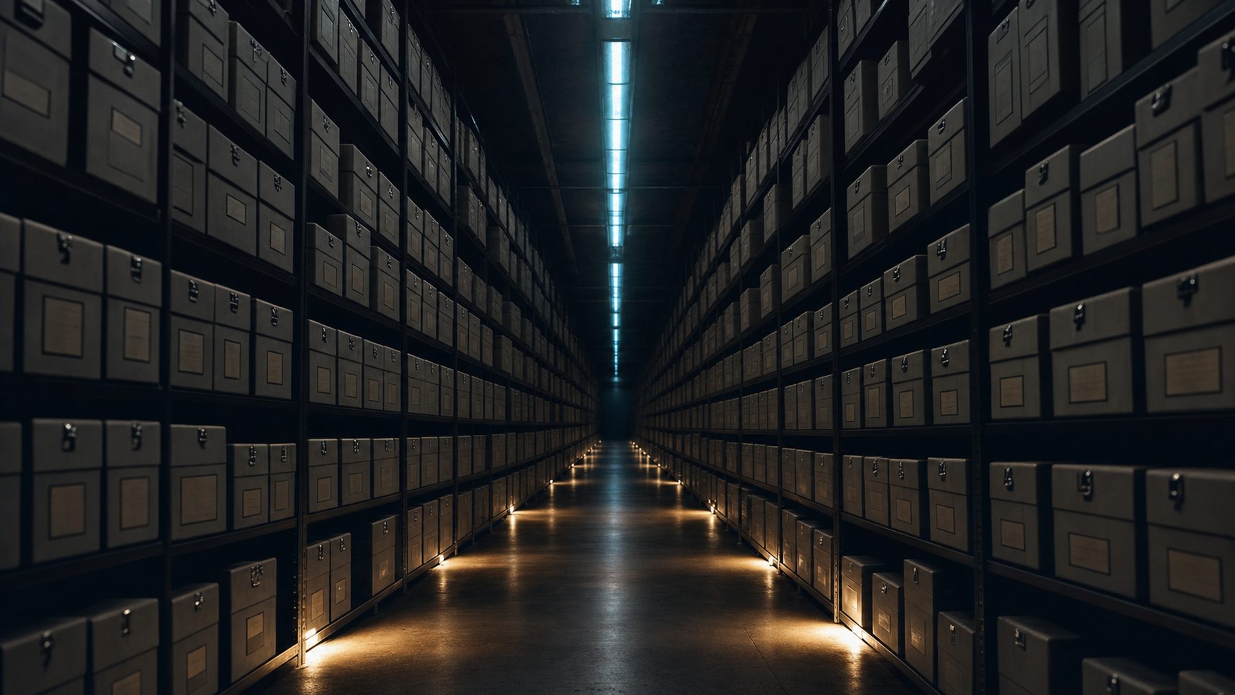 An archive corridor of sealed evidence boxes