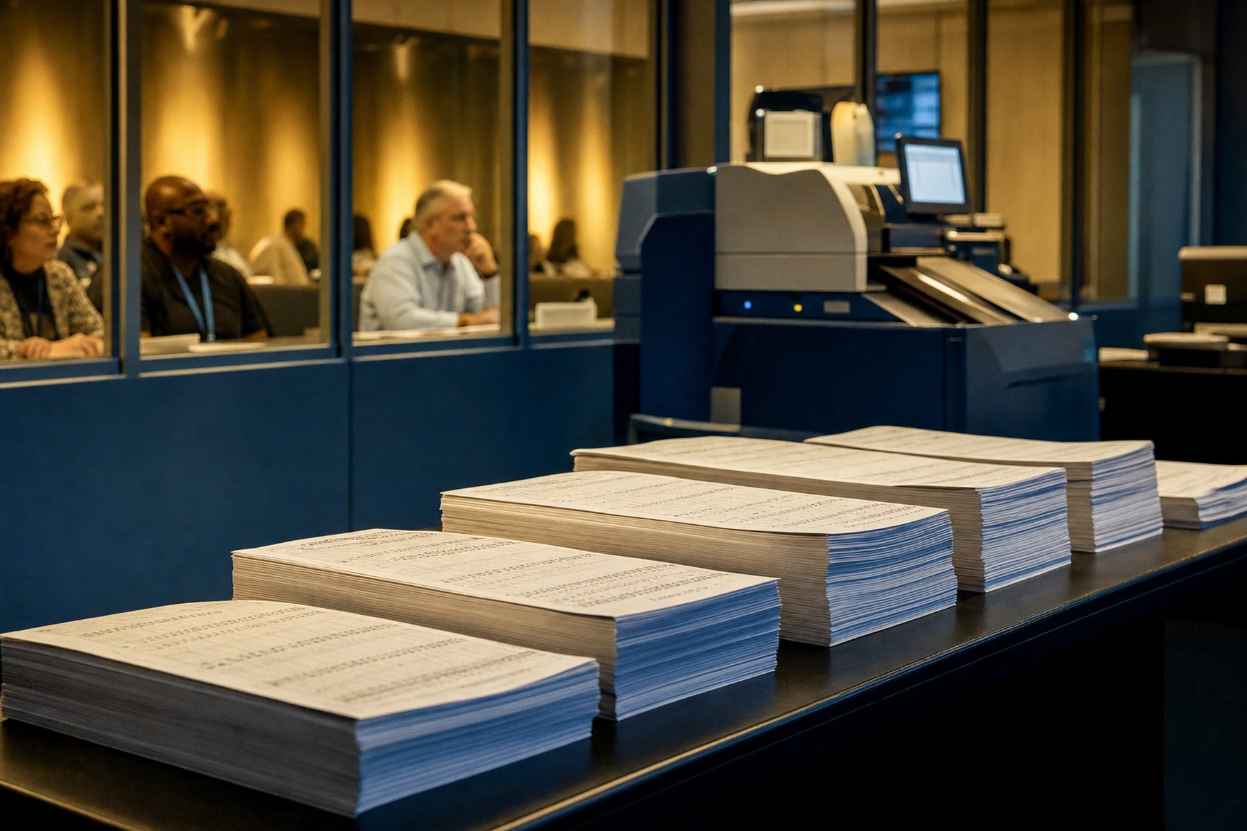 Ballot stacks beside a certified scanner with observers present