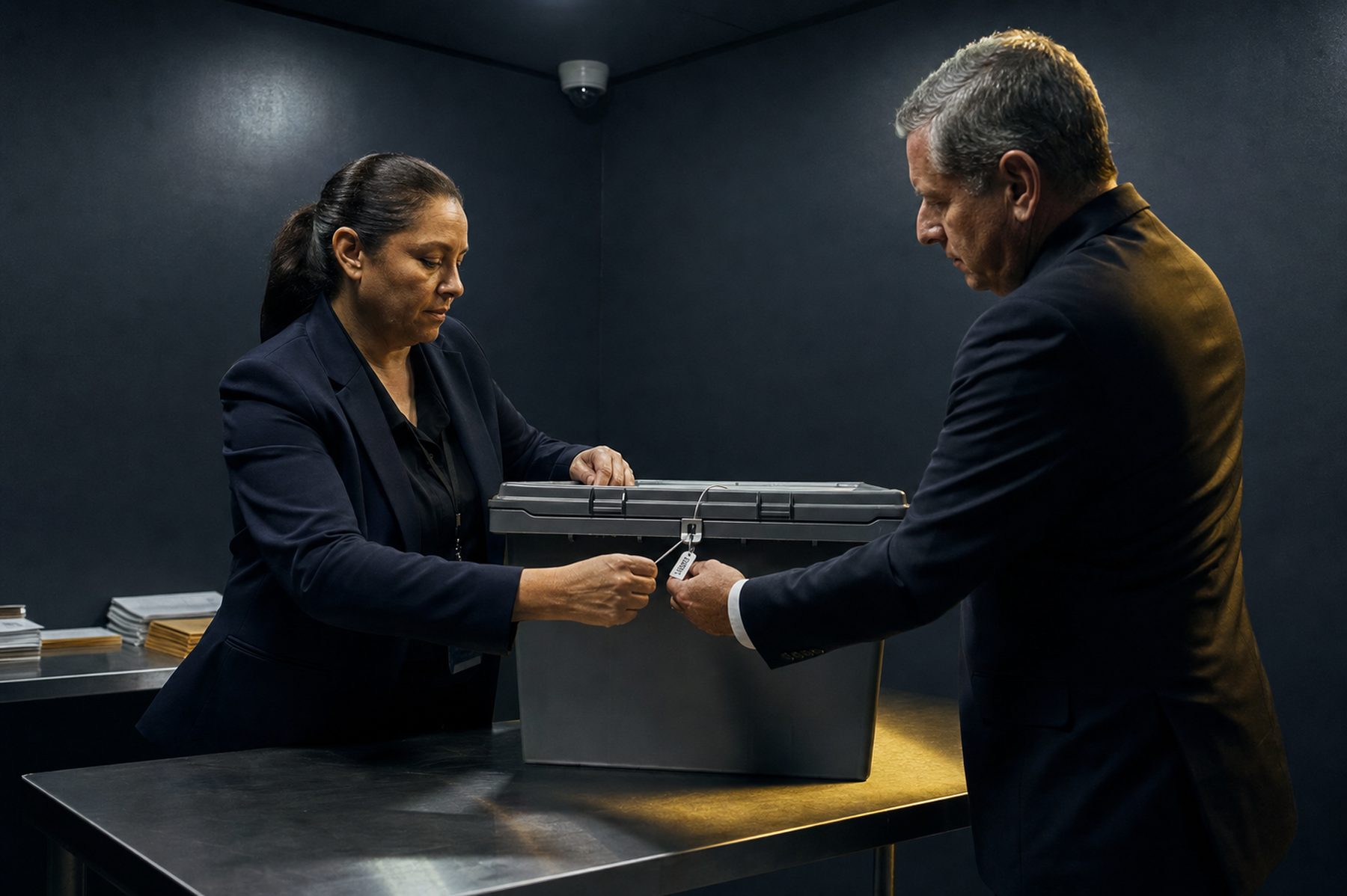 Two officials breaking a seal under dual control