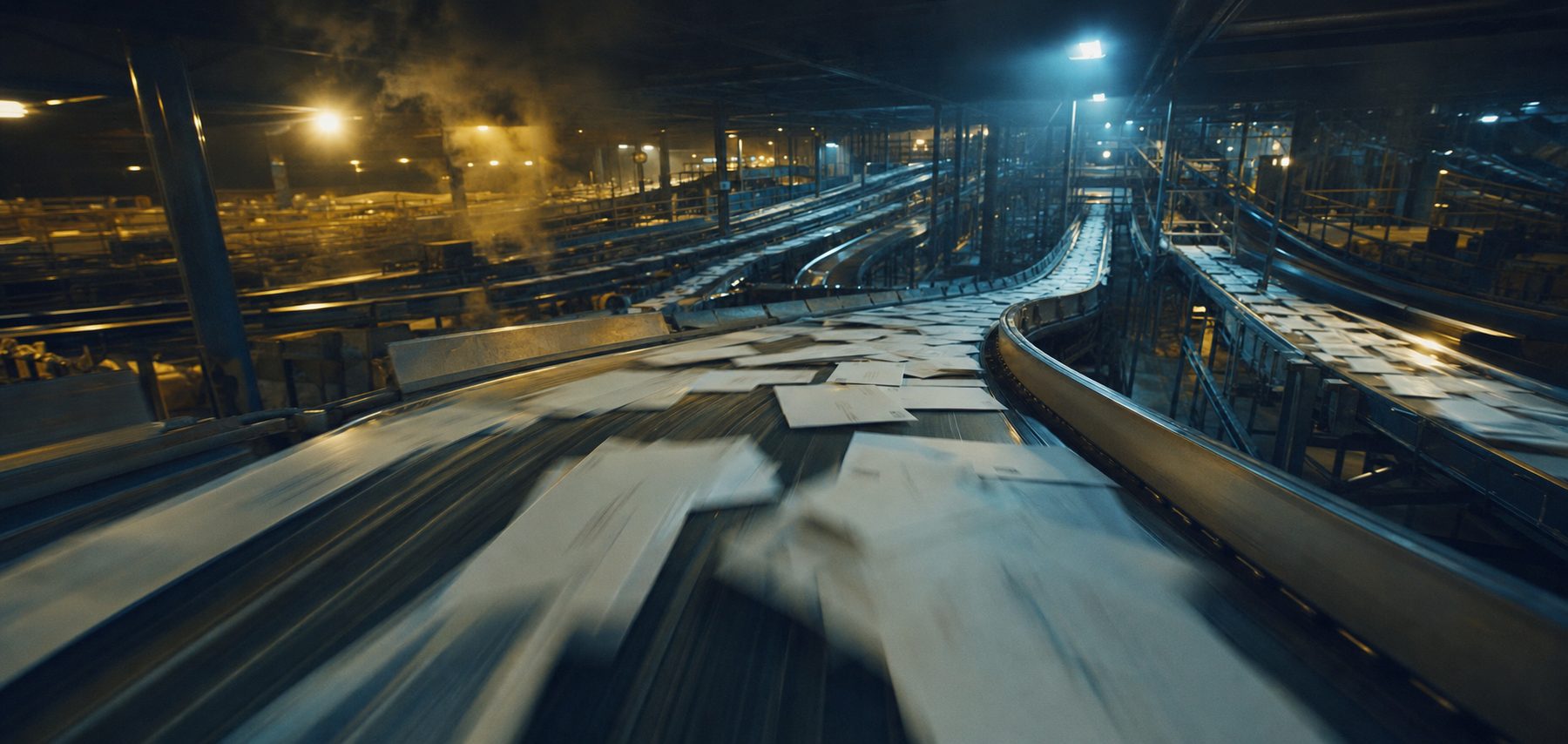 Ballot envelopes moving along a postal sorting conveyor